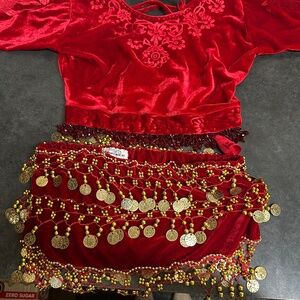Red stretch Belly Dance choli and coin belt set
